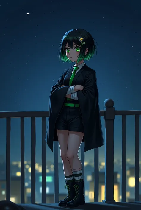  image of a girl with short green and black hair with ebony-toned skin with features on her face with strange irregular eyes but with a bright green tone with a star flash with a star-shaped brooch in her hair and a black outfit with long sleeves similar t...