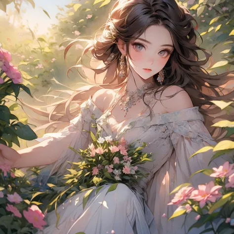 beautiful girl with arms outstretched surrounded by lush flowers, colorful bouquet cascading around her, soft pastel colors, delicate watercolor textures, fine brush details, whimsical and fantastic style, gazing up from below, highly detailed facial featu...