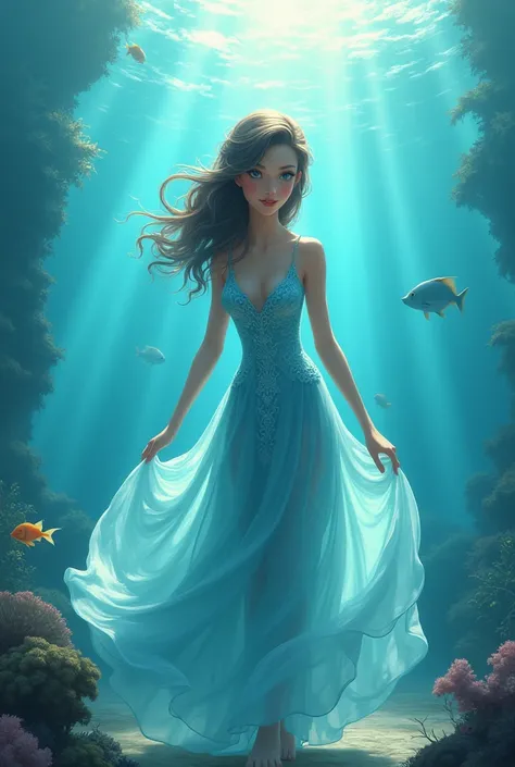 A blue dress and eye makeup by a women sea themed animation 