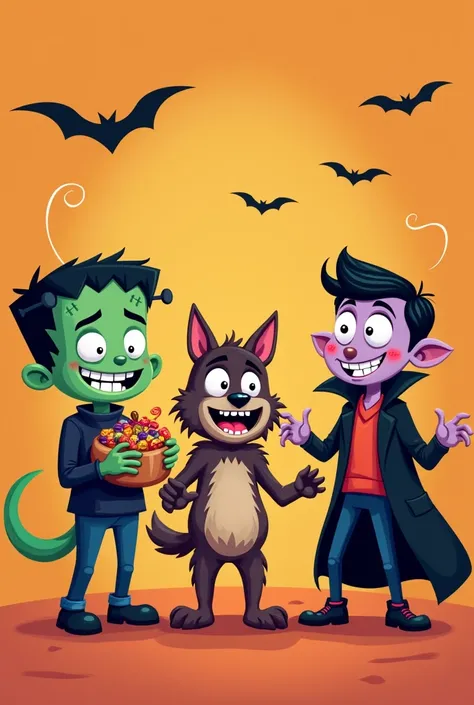 Create a fun, cartoonish group of Halloween monsters, including a friendly Frankenstein, a goofy werewolf, and a cheerful vampire. Each character should have a playful expression and be doing something fun like holding candy or dancing. The design should h...