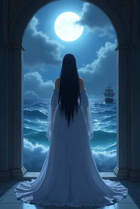 "An anime-style scene of a mature and powerful queen in her 30s, standing around 6 feet tall with a curvaceous, motherly figure, wide hips, and fuller breasts. Her long, flowing raven-black hair cascades down her back as she stands with her back to the vie...