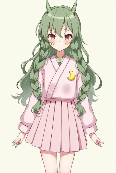 Create full body 2d character sheet, of an  girl with very long, wavy, dull green hair and combed into two braids, with light pink Japanese uniform, pink eyes and small calf horns, with a star-shaped pendant and three yellow moon stickers on each cheek