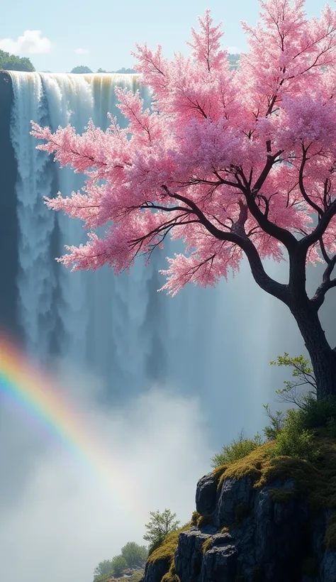 Create a highly detailed, photorealistic image of a fully bloomed cherry blossom tree standing near the edge of the majestic Victoria Falls. The soft pink petals of the cherry blossoms create a stunning contrast with the powerful, cascading waters of the w...