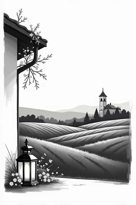 Minimalist black and white logo showing a lantern with flowers in the corner of a house, with vineyards in the background and the bell tower of a church in the distance