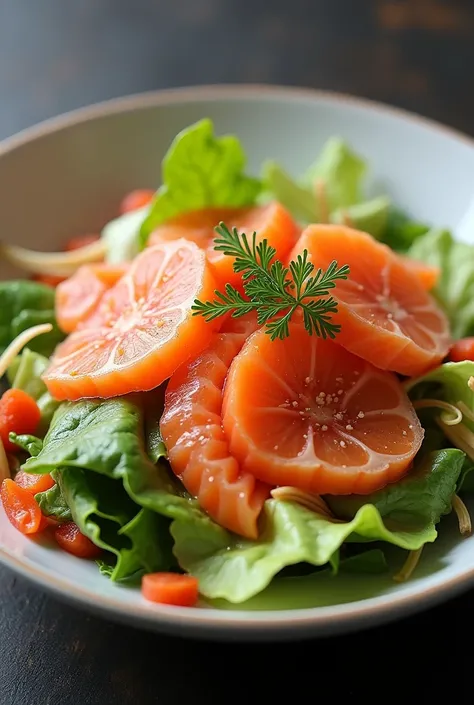 Salmon breast salad with lily flowers: This salad is based on the Japanese style of salad preparation., with main ingredient is salmon fillet, combined with the freshness of passionflower and raw vegetables. Fresh salmon fillet sliced thinly like sashimi, ...