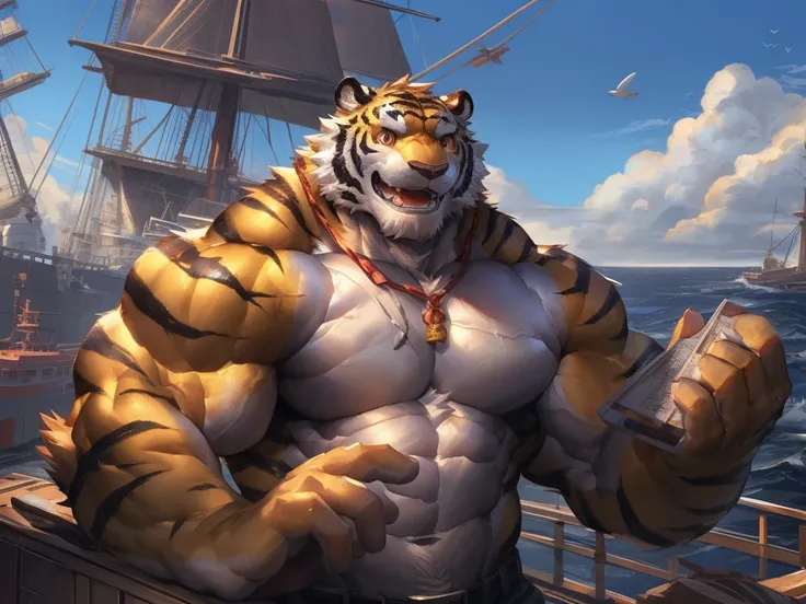 by_lindong, digital art, masterpiece, solo, 1boy, 1man, Huge muscular tiger, porter, Dock, cute, cute expression, focus eyes, detailed ,detailed muscle, background (sea, ship, Seagull)