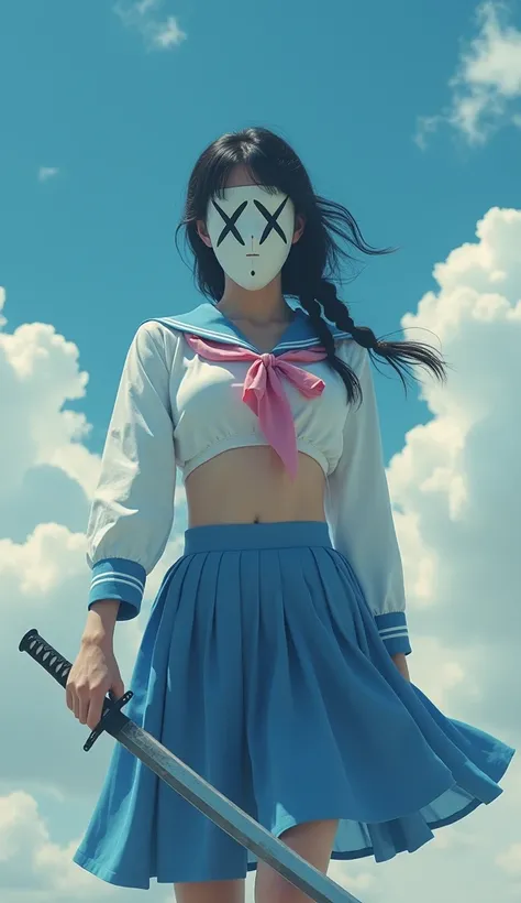 Capture a live-action version of Lisa Yadomaro Vizard, portrayed by a real actress, in an intense realistic-style, textured scene, is floating in the blue sky with clouds, viewed from full body, wearing your mask The mask is shaped like a narrow oval that ...