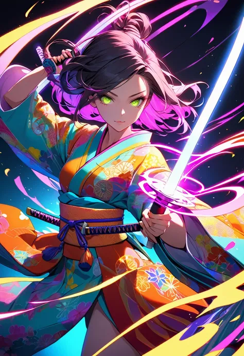 A dynamic illustration of a girl holding a katana with glowing fluorescent patterns that resemble neon lights. The patterns on the katana appear to float and shine vividly, creating a mystical, futuristic effect. The girl is dressed in a colorful, flamboya...