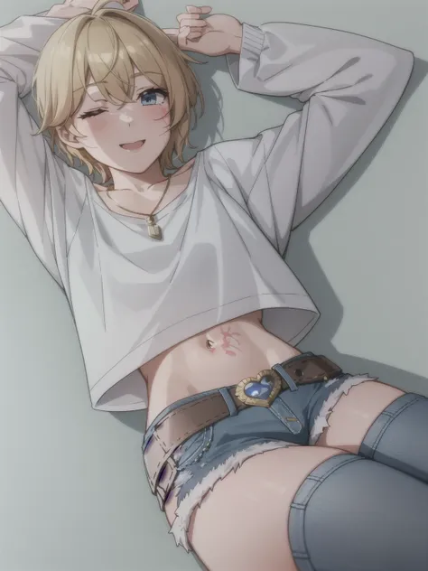 wattson (apex legends), masterpiece, best quality, 1girl, solo, one eye closed, shorts, belt, blue eyes, open mouth, blonde hair...