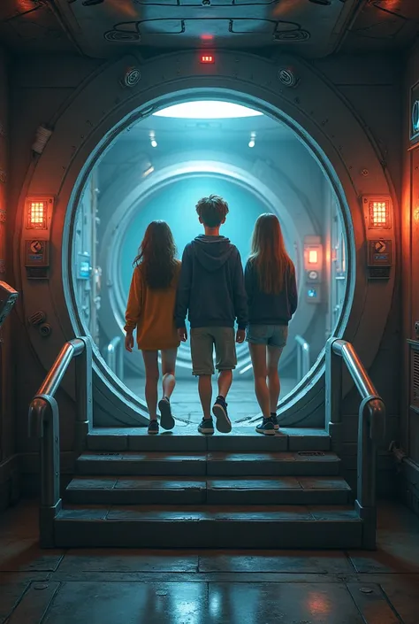 3 teenagers entering a time machine 