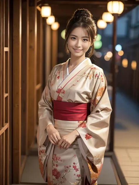 Cowboy Shot, View your viewers, (Early autumn date), (8k, RAW Photos, Highest quality, masterpiece:1.2), (Realistic, Photorealistic:1.4), ((Autumn kimono with Japanese style patterns)), (Carrying a Japanese-style mini bag), Teenage Japanese Woman, (One Wom...