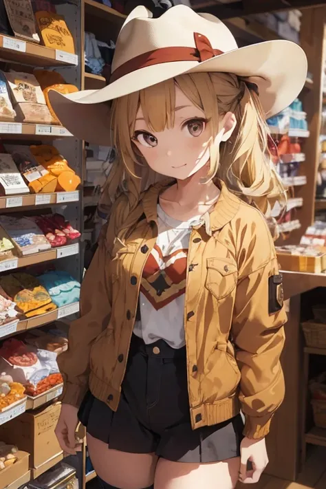 1 female, as a child, cowgirl clothes, short short, brown jacket, cowgirl hat, blonde long hair, rosa cheeks, younger body, doll store