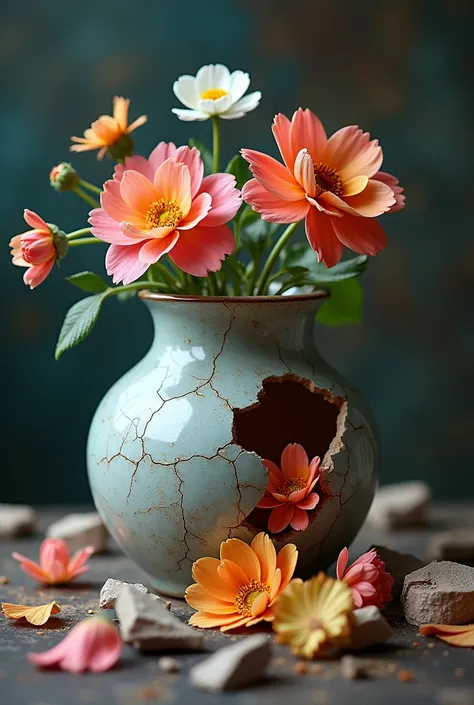 a professional photo of a broken flower vase made from ceramics, flowers plug inside, close up shot, bokeh, Photography, hard lighting, velvet background 