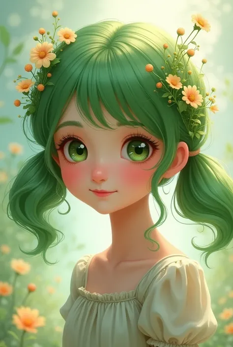 Make a drawing of a girl with green hair, with two pigtails, with flowers in her hair