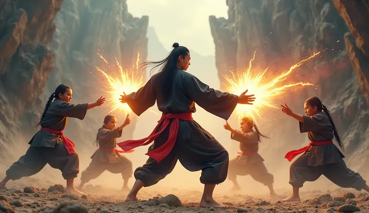 A hmong strong man wearing hmong black shirt, trouser, barefoot and red cotton belt, ponytail ,black hair, purple eyes, using Kung Fu magic flash light fire flames, standing backward fight with four Kung Fu men  in the middle of mountain, the dust and land...