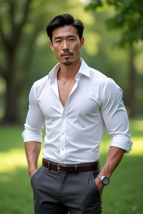 Asian man, 38years old, Handsome and elegant, Wearing a  uniform, sexy , Masculine and handsome，musculous，Muscles look good，hairy bodies, with fair skin, 黑The eye（thin eyes 1：3), Full body photo,(ultra-detailed, photorealistic, best quality, 4k, 8k, highre...