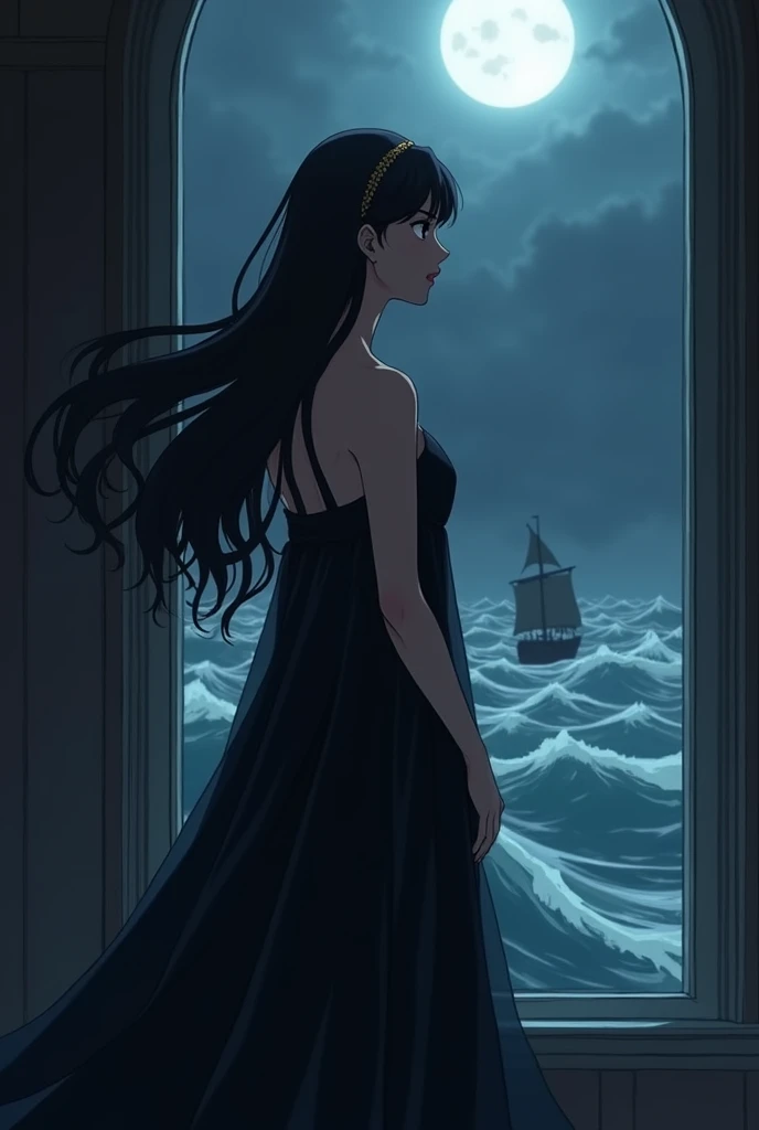 "An anime-style scene featuring a powerful queen in her 30s, standing around 6 feet tall with a strong, curvaceous, motherly figure, toned with subtle muscle mass. Her long, flowing raven-black hair cascades elegantly as she stands near a large palace wind...