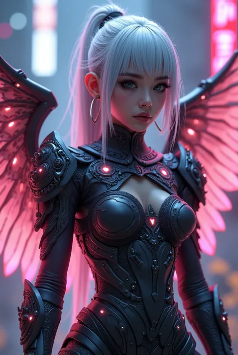 A beautiful  girl wearing a cyberpunk armory designed like a monkey king, with wings, with monkey trails, full body details, camel toe, silver hair, with illuminated neon lights background,