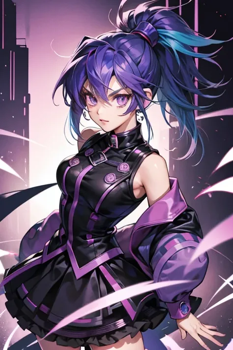 yugioh styled girl, punk cyber outfit, purple eyes, black and blue hair, ponytail,  ruffled skirt