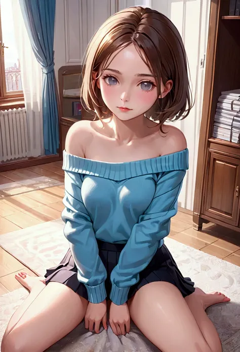 1 girl, short off-shoulder sweater, ((best quality)), ((masterpiece)), (detailed), young russian girl  sitting indoors ,spreading knees apart, skirt, tight panties 