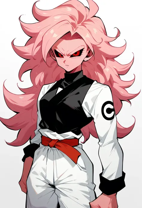 pink-skinned woman, long hair (white, spiky), red eyes, colored sclera (black eye sclera), long black blouse, red karate belt wr...