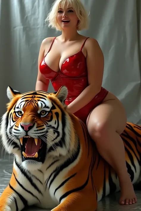 Sexy cubby woman, BBW, short blond hair, freckles,  red lingerie, lingerie made of latex and nylon, metallic shine, plunging neckline, chubby,  mouth open, Moan, Whole body absorption, Woman rides tiger, the legs are left and right of the tiger