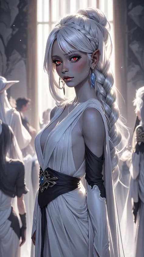 genau, beste qualität, hohe details, silver white long hair, almost nonexistent silk dress, ruby earrings, gentle look, dark elf...