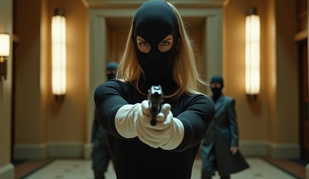  Brie Larson who is wearing a tight outfit, a mask and long gloves and who is wearing white boots with a gun, she is holding up a bank. 