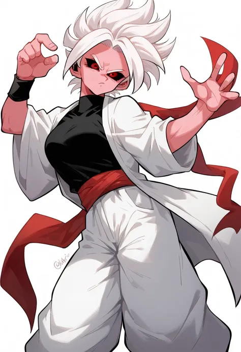 pink-skinned woman,white hair , long white hair (white, spiky), red eyes, colored sclera (black eye sclera), long black blouse, ...