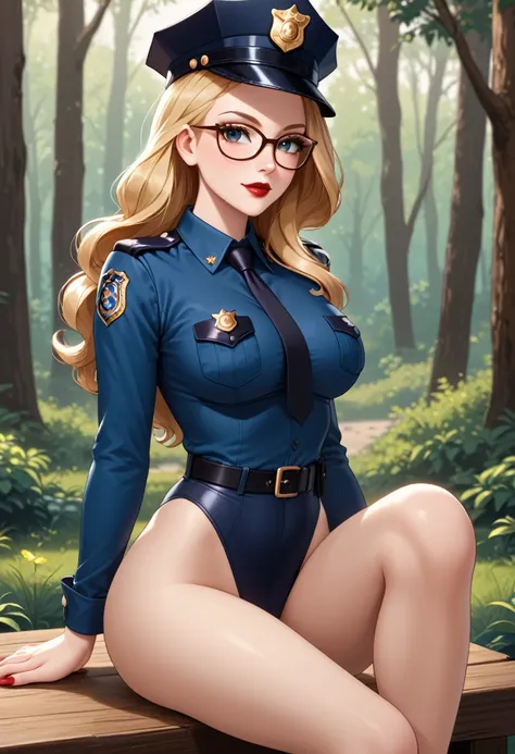 mature woman, beautiful, long hair, blonde, glasses, red lipstick, leotard white, bare legs, police uniform, police hat, long sl...