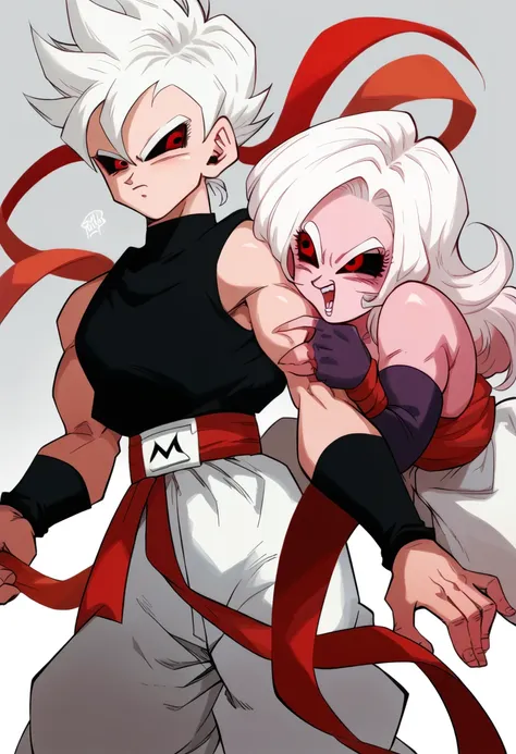 pink-skinned woman,white hair , long white hair (white, spiky), red eyes, colored sclera (black eye sclera), long black blouse, ...