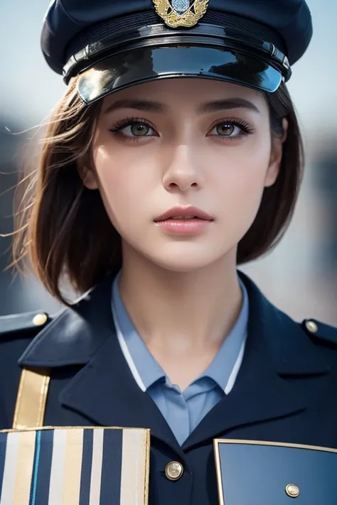 a gorgeous police woman, 1 girl, extremely detailed face, detailed eyes, beautiful detailed lips, delicate features, perfect skin, long eyelashes, beautiful eyes, police uniform, belt and badge, police cap, holding police baton, dynamic pose, intense expre...