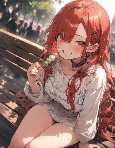 masterpiece、girl、Redhead、Long Hair、smile、Focus on the face，Sit on a bench，Eating dango on a skewer
