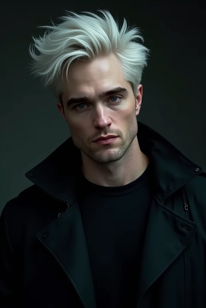 Robert Pattinson as Bruce Wayne hairstyle but hair color is white. And black t shirt and black jacket 

