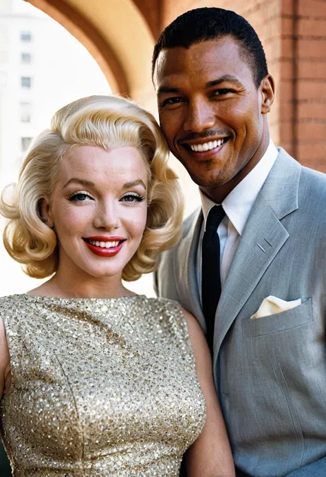 Marilyn Monroe and a handsome African American male whose facial features are a combo of Broderick Hunter + Charles Michael Davis pose together for a photo. Both are smiling. Both are attired attractively but casually for a date in 1960s clothing. Marilyn ...