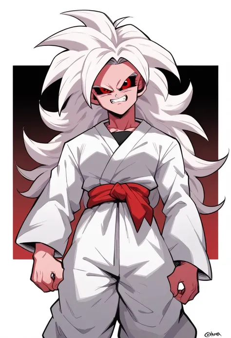 pink-skinned woman,long hair,white hair , long white hair (white, spiky), red eyes, colored sclera (black eye sclera), long blac...