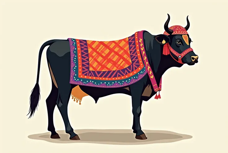 generate a digital painting of a decorated cow in a geometric and abstract art style. the cow is adorned with colorful, patterne...