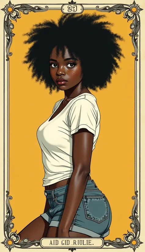 masterpiece, plain tarot aesthetics, masturbation humping, tarot plain vintage, teenage junior girl, dark ebony skin, tease herself, white t-shirt, back short, languid posing, afro hair, freckles, body front, vintage aesthetics line-art, looks around