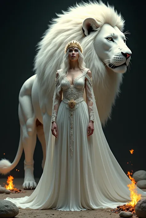 White woman dressed in white with lion skin, yellow wavy hair, light eyes, with her crown and a giant white lion dominating her, image on a black background with stones and fire 
