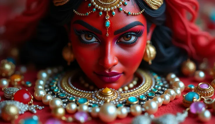 A close-up view of the religious Hindu goddess Kali Mata wearing jewelry of luxurious jewels and gemstones scattered together, featuring deep red rubies, shimmering pearls, emeralds, yellow and blue sapphires, and sparkling diamonds. The image is dominated...