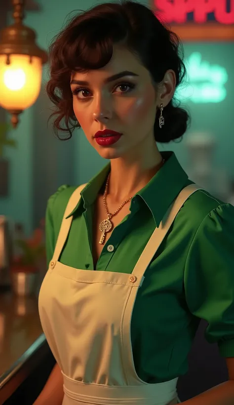 (Dua Lipa:Evangeline Lilly) waitress, ((white apron)), ((green shirt)), 1920 style, masterpiece, Lovecraft atmosphere, (pendant of a key), hyperdetailed, ((rule of thirds))