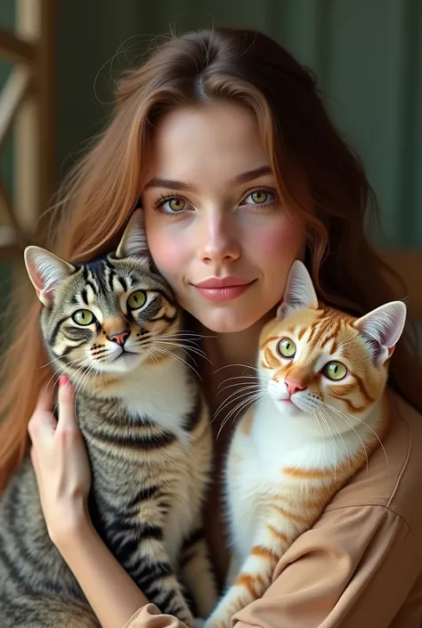 A 20-year-old brown-haired woman with her two black cats, one with green eyes and the other with yellow eyes 