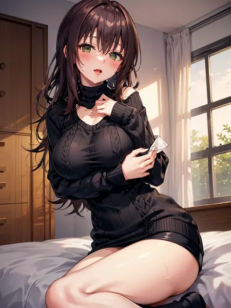 ((highest quality)), ((masterpiece)), (detailed), one person,age 25,(black knit sweater),(mini skirt),shoulder bare,big breasts,...