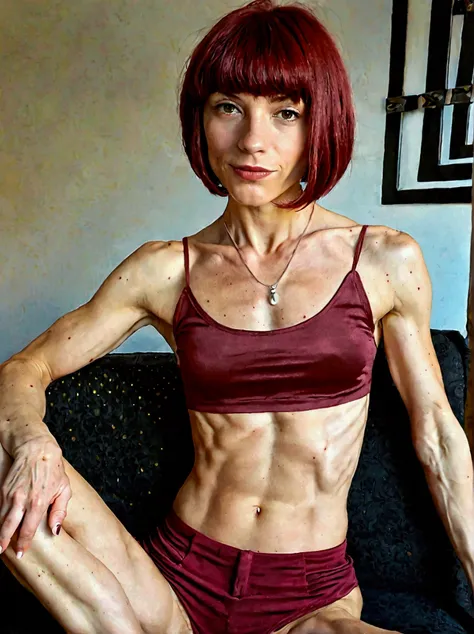 Skinny, muscular, fit teen girl, 40years, flat-chested, small tits, hard long nipples, slim ass, small waist, german-türkisch mix, burgundy red hair, bob cut, schoulder long, Pigment spots, thight gap, big long clitoris lips,