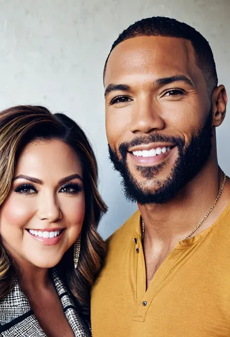 Caucasian singer-songwriter Hillary Scott and a handsome African American male whose facial features are a combo of Charles Michael Davis + Lucien Laviscount + Omari Hardwick pose together for a photo. Both are smiling. Both are attired attractively but ca...