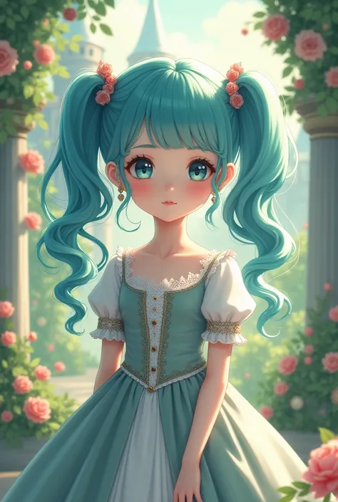 A Japanese anime-style girl with blue-green hair tied into pigtails wearing a medieval dress