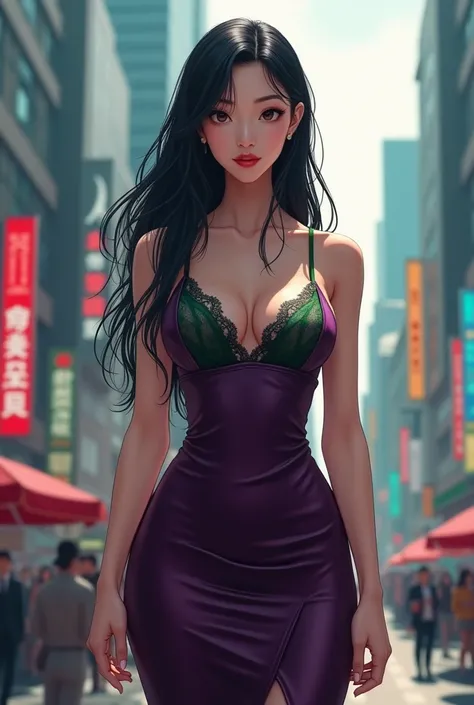 Japanese woman in tite dark purple dress with open boobs bra in green city  day time