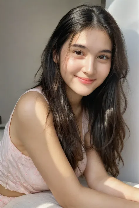 A high-resolution, wide angle shot, 8K close up portrait of a beautiful 20-year-old woman with a happy smile, detailed skin, and clear eyes. She has long wavy black hair and dark brown eyes with slight dark circles, looking at viewer. The image features na...