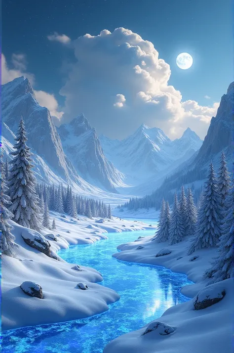 night of the snow land made of crystal, reflecting the light of the stars, sand patterns beautiful Giant glowing moon clouds on the sky snow ice mountain christmas night fantasy cinematic look, wide shot framing to capture the entire scene, including the s...