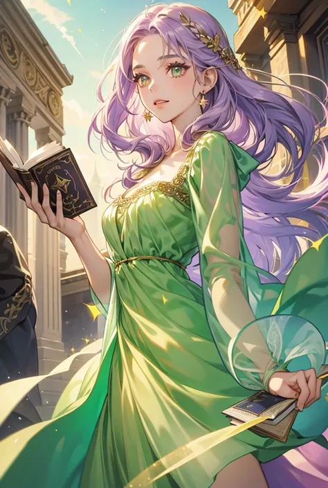 Young woman, high hairstyle, light purple hair, Golden eyes, holding a book in his hands, fantasy world, the book sparkles, The light around the girl,long green chiffon dress sparkles